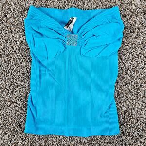 VTG Y2K Womens One Size Stretchy Tube Top Bright Blue Ribbed Rhinestones